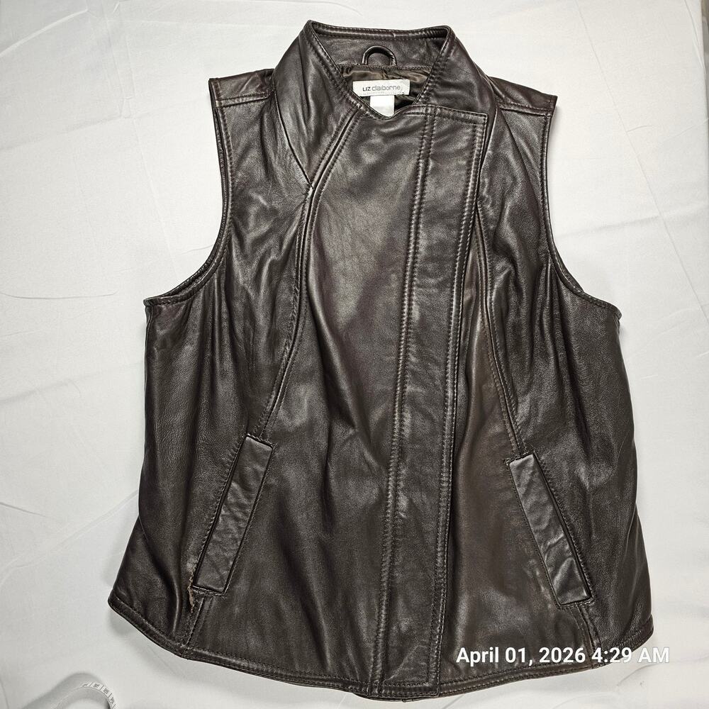 Liz Claiborne Brown Faux Leather‎ Moto Vest Womens M Zip Biker Jacket Sleeveless